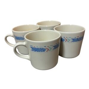 Corning Ware Set of 4 Mugs Cream Blue Geometric Pattern Microwaveable USA